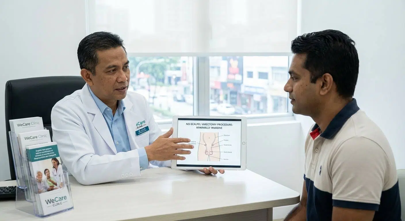 Medical illustration of no-scalpel vasectomy technique being performed in a clinical setting