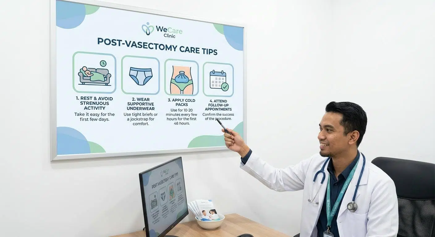Infographic of post-vasectomy care tips including resting, supportive underwear, cold packs, and attending follow-ups
