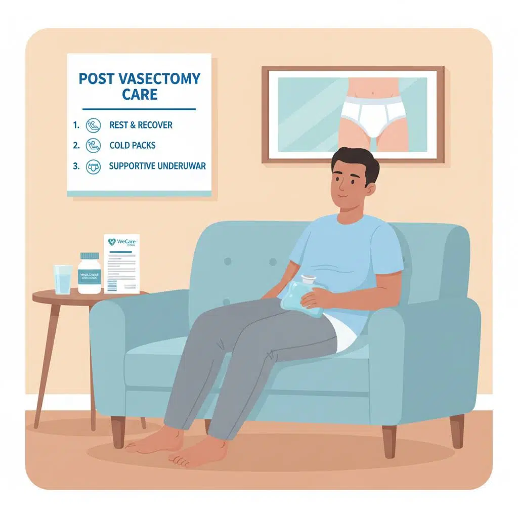 Diagram showing the male reproductive system with a focus on the vas deferens and the vasectomy procedure blocking or cutting these tubes to prevent sperm from mixing with semen.
