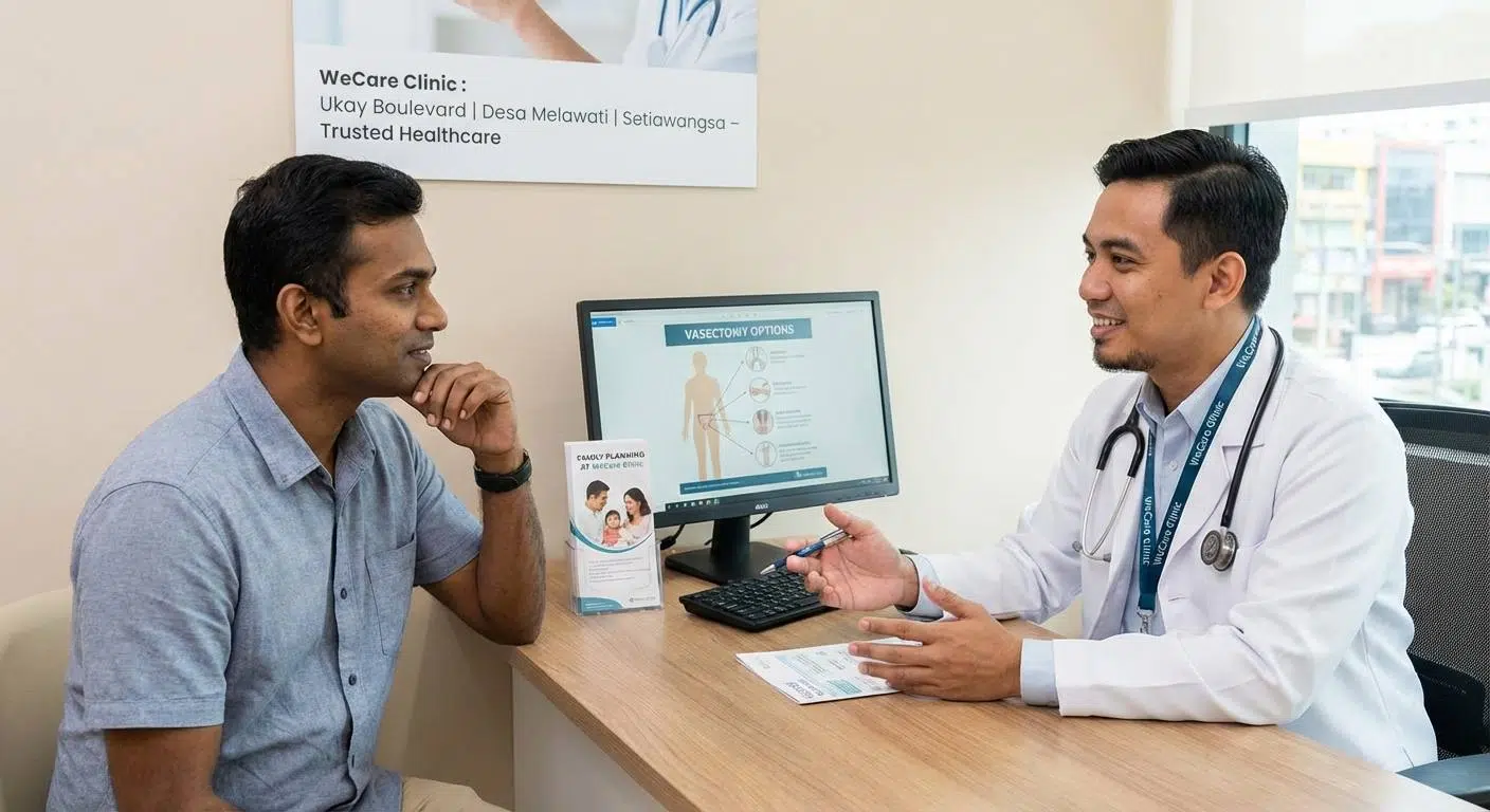 A professional clinic setting illustrating a friendly doctor consulting with a male patient about vasectomy options, highlighting the locations Ukay Boulevard, Desa Melawati, and Setiawangsa in Kuala Lumpur.