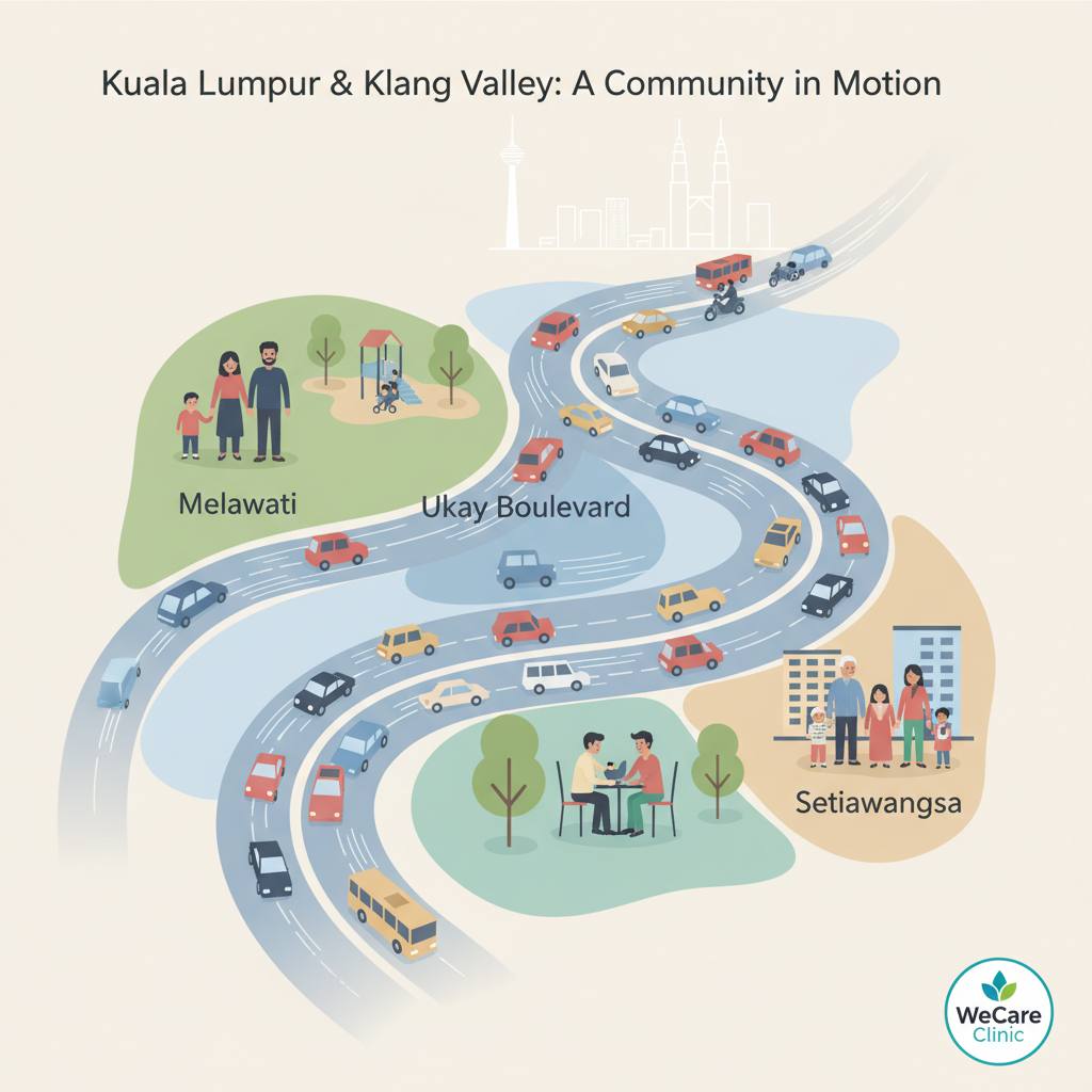 An illustration of Kuala Lumpur and Klang Valley showing busy traffic on major roads like MRR2 and DUKE, with family life scenes in Melawati, Ukay Boulevard, and Setiawangsa.