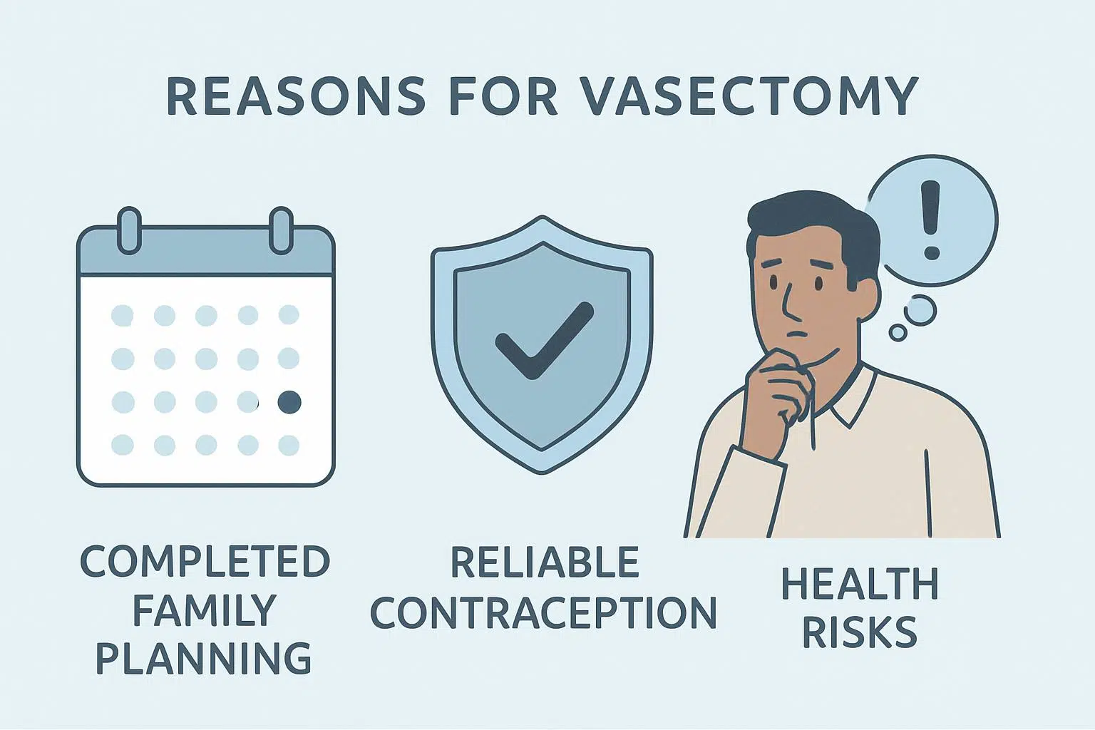 Medical illustration depicting reasons and risk factors for vasectomy such as family planning and reliable contraception symbols