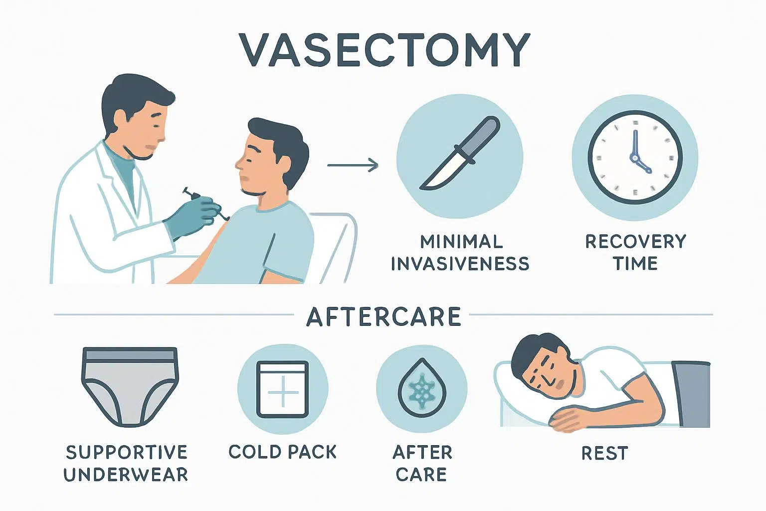 Illustration showing vasectomy procedure steps and aftercare icons including anesthesia, recovery clock, rest, supportive underwear, and cold packs