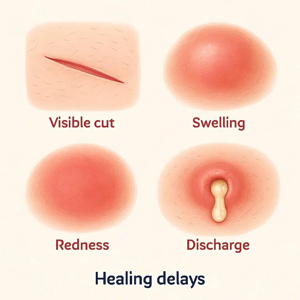 Detailed 2D medical illustration showing common wound symptoms and key red flags: visible cuts, swelling, redness, discharge, and healing delays on human skin