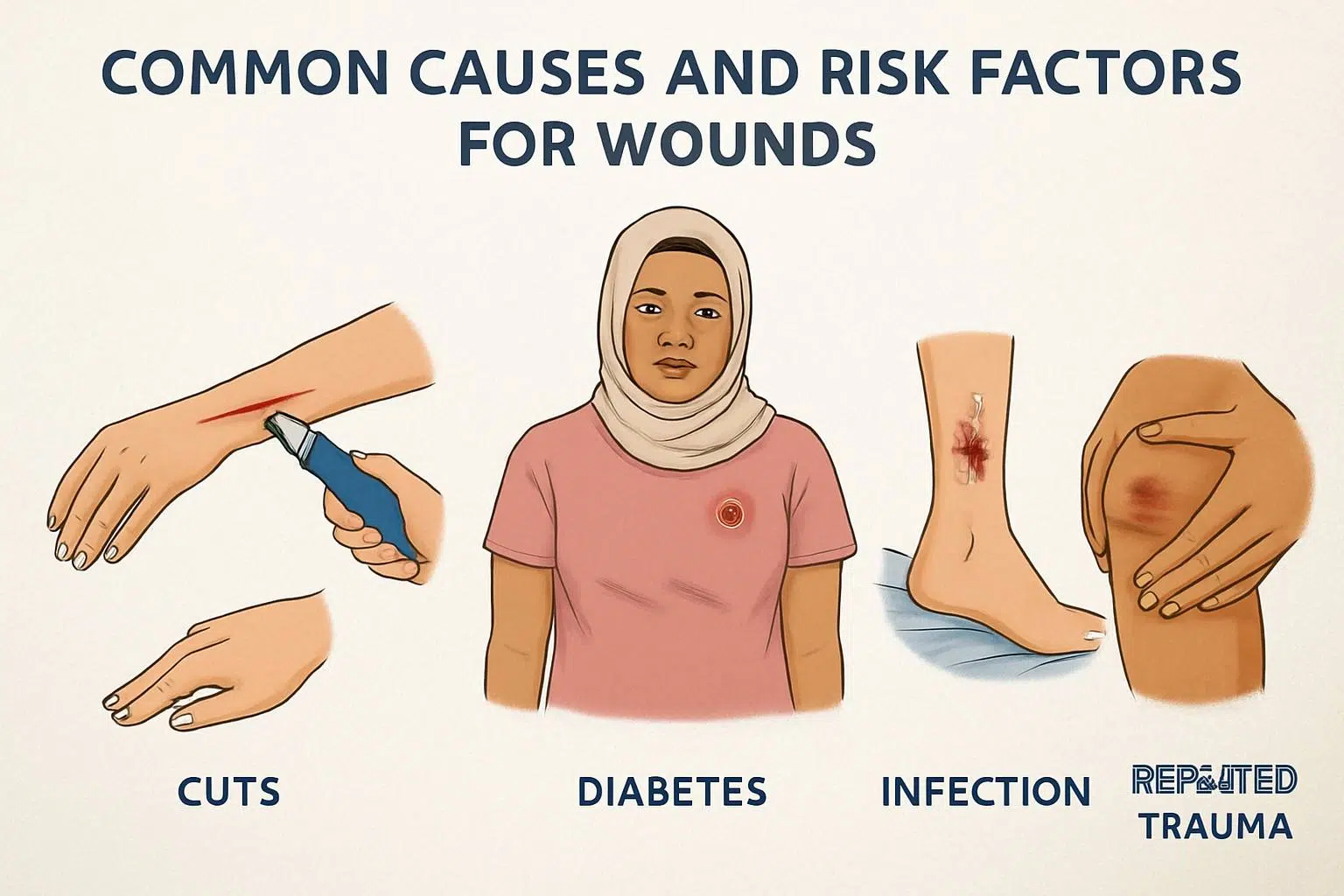 Informative 2D medical illustration depicting common causes and risk factors for wounds including cuts, diabetes effects, pressure ulcers, infections, and repeated trauma on body parts