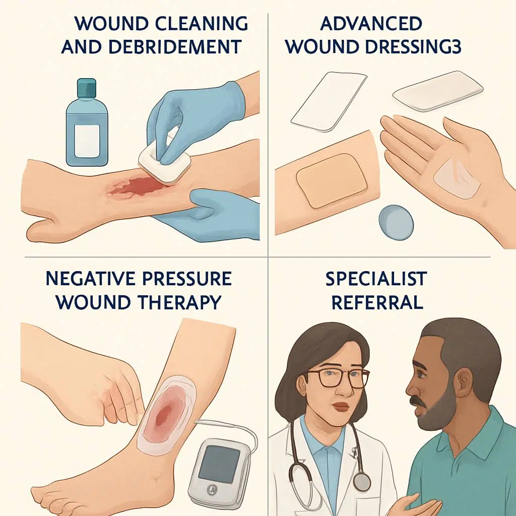 2D medical style image showing advanced wound treatment options: cleaning and debridement, advanced dressings, chronic wound care therapies, and specialist referrals