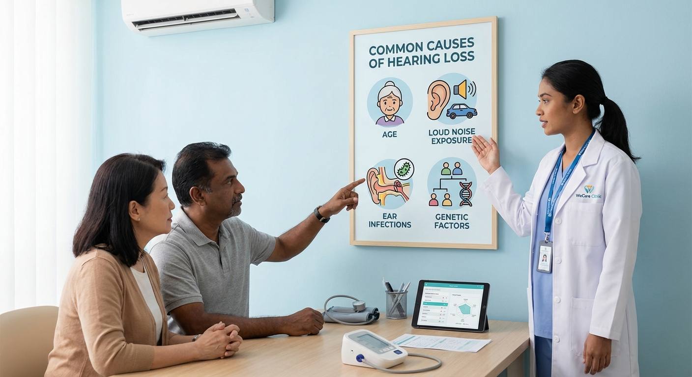 Visual depicting common causes and risk factors for hearing loss such as age, loud noise exposure (traffic, concerts), ear infections, and genetic factors, with icons representing each cause.
